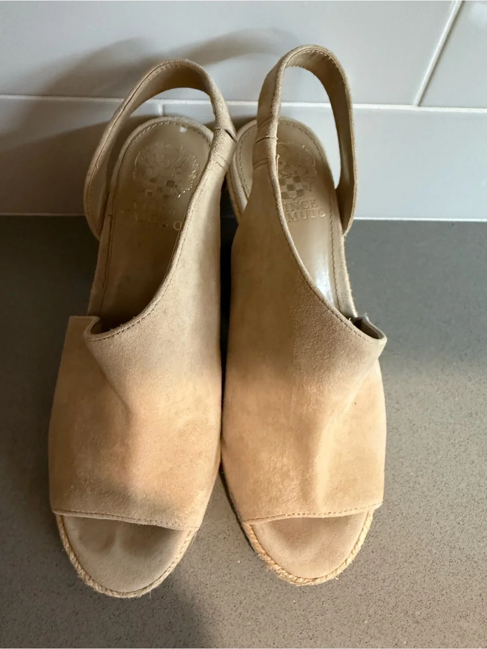 Vince Camuto Tan Suede Open-Toe Slingback Wedge Sandals
